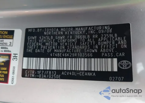 2009 Toyota Camry Le z USA, uszkodzony, nr VIN 4T4BE46K29R103566